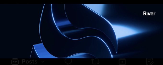 A sleek, dark blue 3D-rendered sculpture curves against a shadowy background, with the word "River" displayed in the upper right corner—matching the handle @RiverdotInc referenced in the post. The fluid, flowing form of the sculpture visually echoes River's focus on unifying fragmented onchain capital by connecting different chains and liquidity pools into a seamless whole.