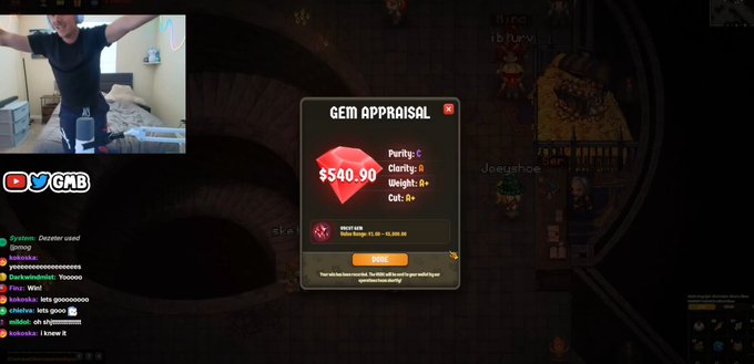 A livestream screenshot shows a 'GEM APPRAISAL' pop-up for a red gem priced at $540.90, with a webcam feed of a man in the corner and a chat window below.