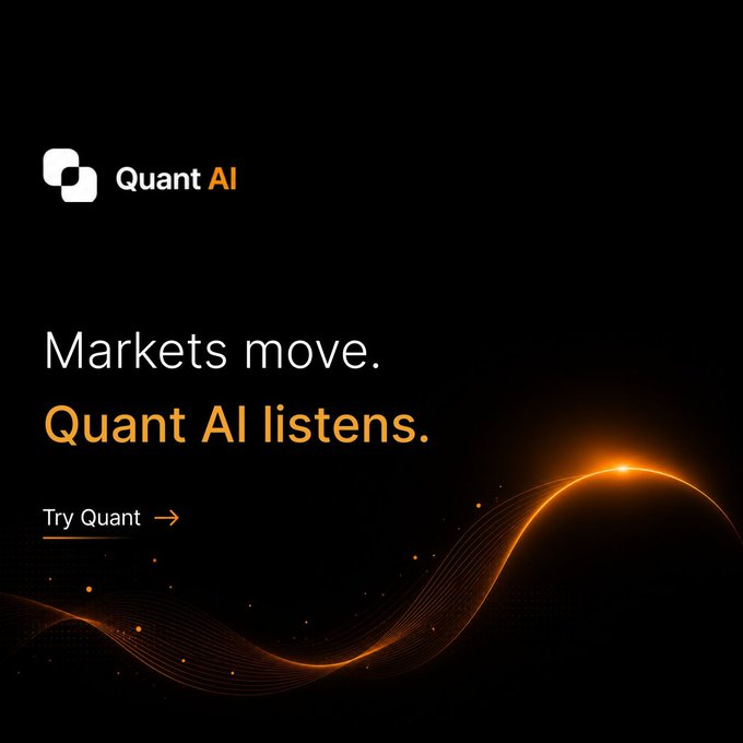 A sleek dark promotional graphic for Quant AI features its logo alongside the tagline "Markets move. Quant AI listens." with a "Try Quant →" call-to-action, while an illuminated orange wave visualizes real-time market signals. The flowing waveform reinforces the post's message about capturing market signals as they happen rather than recognizing patterns only in hindsight.