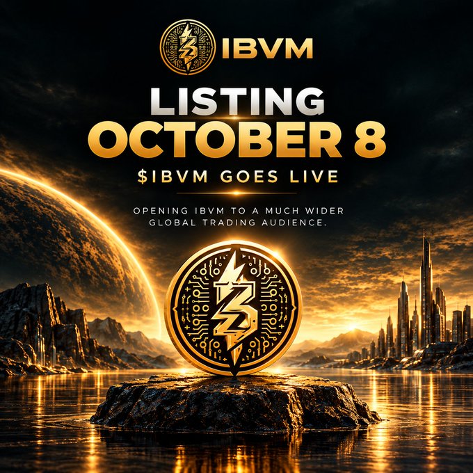 A promotional graphic announces 'IBVM LISTING OCTOBER 8 - $IBVM GOES LIVE' with the tagline 'Opening IBVM to a much wider global trading audience,' featuring a gold coin with circuit board design against a dramatic landscape.