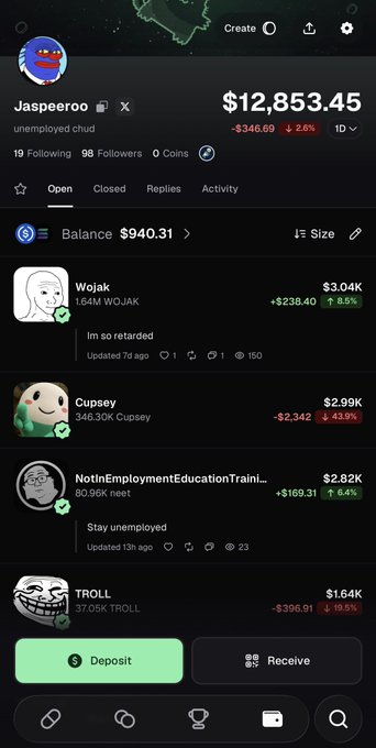A Robinhood wallet profile for "Jaspeeroo" shows a portfolio balance of $12,853.45 (down $346.69 or 2.26% in 1D), with major holdings including Wojak ($3.04K), Cupsey ($2.99K), NotInEmploymentEducationTraini... ($2.82K), and TROLL ($1.64K). The post is asking for a public assessment of this crypto wallet, displaying its meme coin positions and overall balance decline.
