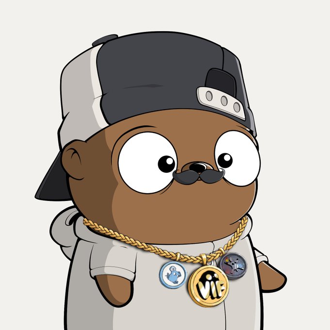 An illustrated cartoon character resembling a brown bear wearing a backwards black and white cap, a small mustache, a gold chain, and three medallions with 'VIP' visible on the central pendant.