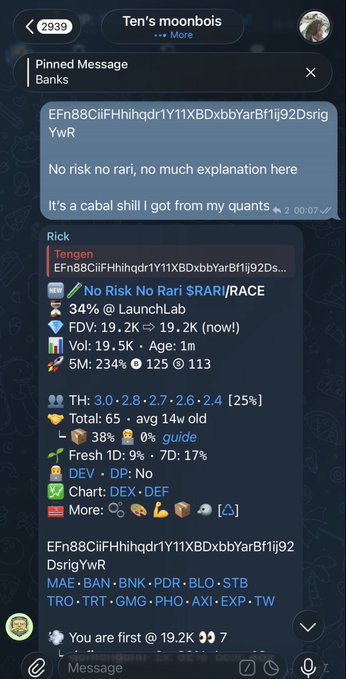 A Telegram channel chat titled 'Ten's moonbois' featuring pinned messages and a promoted 'No Risk No Rari SRARI/RACE' token listing with market stats (FDV 19.2K, Vol 19.5K) and a contract address 'EFn88CiFHhihgdr1Y11XBDxbbYarBf1ij92DsrigYwR'.