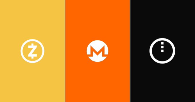 Three vertical panels display cryptocurrency logos: Zcash (Z) on a yellow background, Monero (M) on an orange background, and what looks like a vertical dotted icon on a black background.