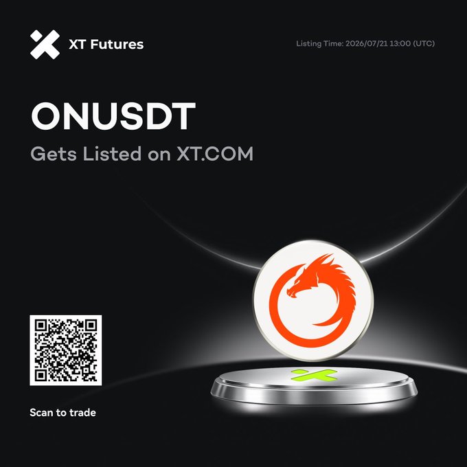 A sleek black promotional graphic from XT Futures announcing the listing of the ONUSDT perpetual futures contract on XT.COM, scheduled for July 21, 2026, at 13:00 (UTC). The image features the XT Futures logo in the top left, the ONUSDT ticker prominently displayed, a QR code labeled "Scan to trade," and a striking orange dragon-themed coin displayed on a metallic podium.