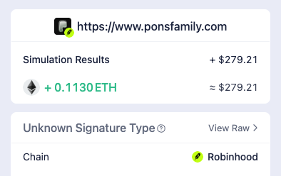 A screenshot of a blockchain transaction from https://www.ponsfamily.com showing 'Simulation Results +$279.21' for 0.1130 ETH on the Robinhood chain.