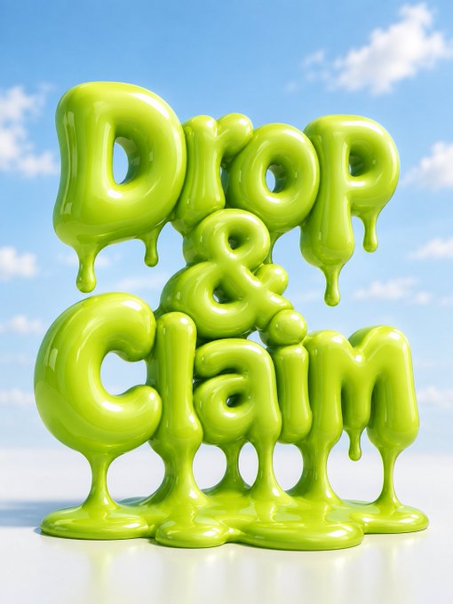 A 3D rendering of glossy, melting green balloon-like letters spelling 'DROP & CLAIM' against a blue sky with white clouds.