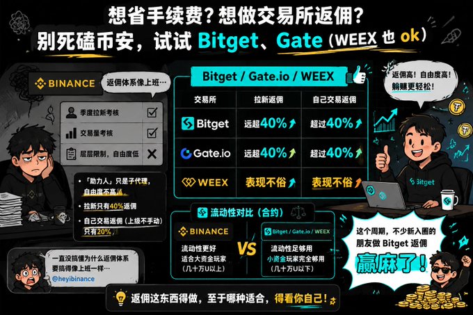 A Chinese-language promotional graphic comparing cryptocurrency exchange rebate programs, featuring Binance, Bitget, Gate.io, and WEEX, highlighting that Bitget and Gate.io offer up to 40% rebates compared to Binance's limited 20% self-rebate option.