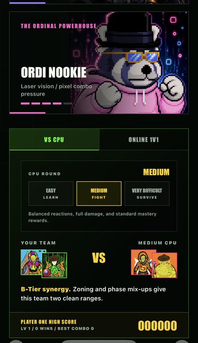 A fighting game versus screen shows 'Ordi Nookie' (The Ordinal Powerhouse) with 'Laser vision / pixel combo pressure' selected on Medium CPU difficulty.
