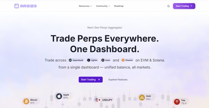 The image shows the Mezo (mozifinance) homepage, a next-gen perpetuals aggregator with the headline "Trade Perps Everywhere. One Dashboard," featuring logos of Hyperliquid, Lighter, Aster, and Phoenix, and displaying tradable assets like Bitcoin (BTC), Apple (AAPL), USD/JPY, Gold (XAU), and Tesla (TSLA). It visually supports the post by illustrating the platform's unified dashboard for trading across multiple venues (Hyperliquid, Aster, Lighter) with diverse markets available from a single interface.