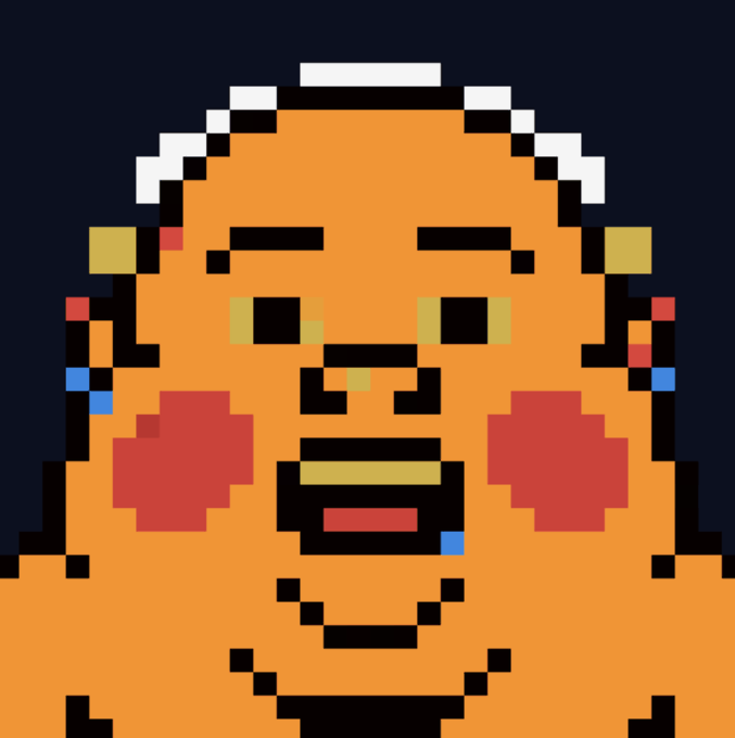 A pixel art portrait of an orange-skinned, bald character with red blotches on its cheeks, squinted eyes, and blue earrings, rendered in a retro 8-bit style.