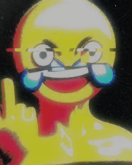 A spray paint-style painting on a canvas depicting a crying yellow smiley face with a wide grin against a black background.