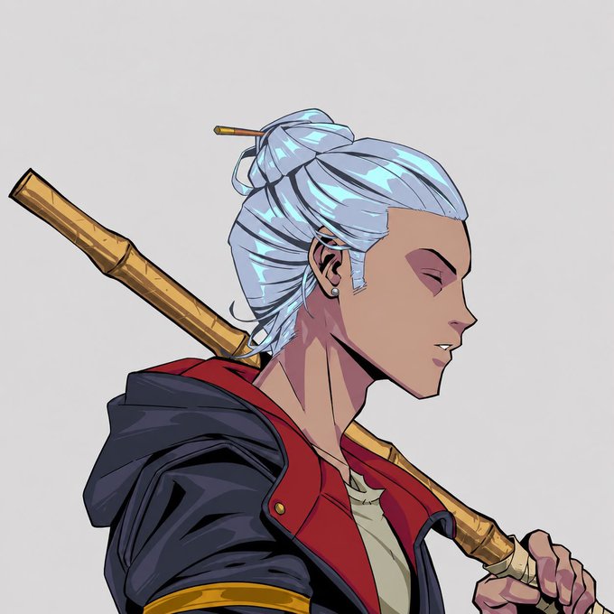 A stylized digital illustration shows a character in profile view with white hair in a bun, wearing a dark hooded jacket over a red hoodie, carrying a bamboo staff on their shoulder.
