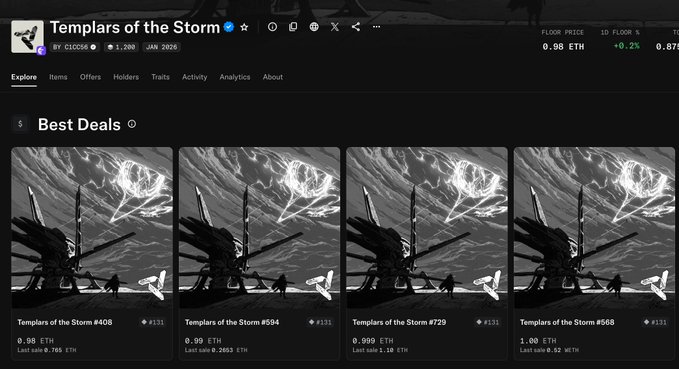 A webpage for the NFT collection "Templars of the Storm" displays a floor price of 0.98 ETH and shows a "Best Deals" section featuring four grayscale artworks titled "Templars of the Storm #408", "#594", "#729", and "#568".