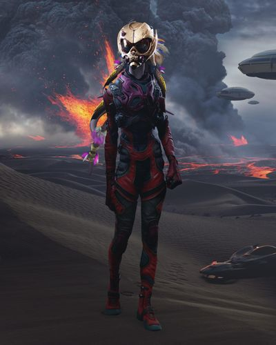 A futuristic female figure in red and black armor with a skull-like mask, standing in a volcanic landscape with flying saucers.