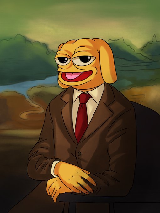A parody of the Mona Lisa painting featuring a Doge/Shiba Inu face superimposed on the iconic portrait, dressed in a brown suit with red tie.
