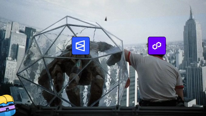 A surreal scene showing a person on a city rooftop touching a glass dome containing a King Kong-like ape, with the Among Us character nearby and logos for MetaMask and Polygon displayed.