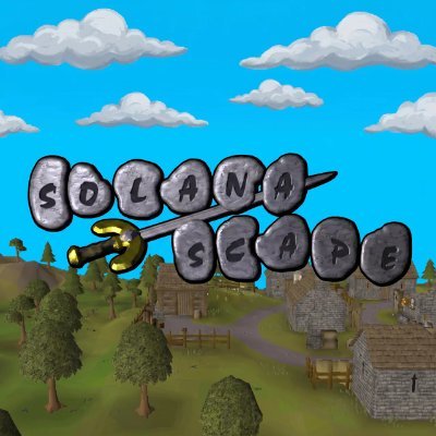 A promotional image for the cryptocurrency project $SCAPE, displaying the text "SOLANA SCAPE" in stone-block lettering with a sword graphic across a 3D landscape resembling the classic MMORPG RuneScape. The medieval-themed backdrop featuring rustic buildings and rolling hills reinforces the post's nostalgic appeal of bringing "classic RuneScape vibes to Solana."