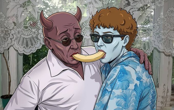 A cartoon illustration depicts a devil-like figure with horns and sunglasses kissing a pale, blue-toned figure with curly orange hair and glasses, while sharing a banana.