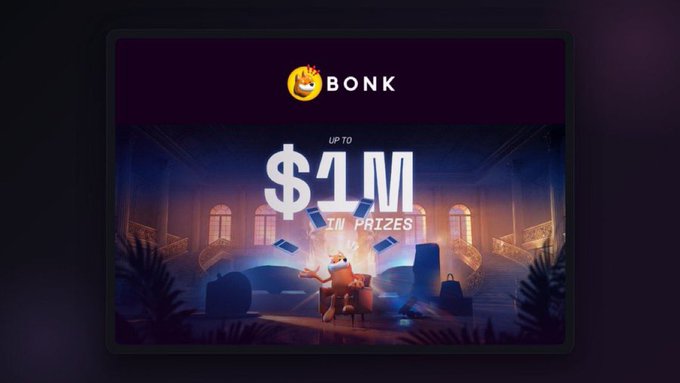 A promotional graphic featuring the Bonk (BONK) logo and a mascot in sunglasses surrounded by flying cash, advertising "UP TO $1M IN PRIZES" and directing users to join the waitlist at bonkplay.com.