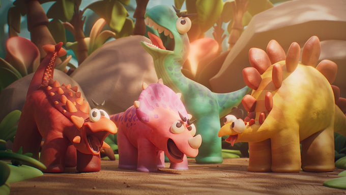 A 3D rendered scene of four colorful, cartoonish dinosaurs (red, pink, green, and yellow) with exaggerated expressions in a tropical setting.