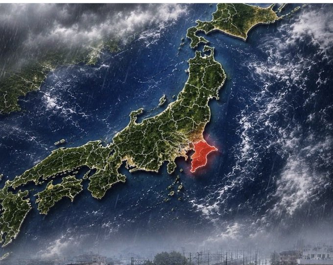 A satellite view of Japan is shown with the Chiba/Kanto region highlighted in red, appearing to indicate heavy rainfall or severe weather conditions over the area, likely illustrating one of the many city-specific weather prediction markets the account has successfully traded on Polymarket.