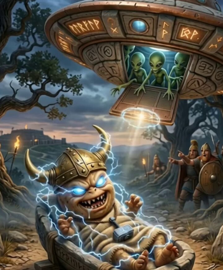 The image features a cartoon scene with three green alien creatures floating above an ufo, which has a brown body and gold accents. The creatures are holding onto a baby figure who appears to be lying down. In the background, there's a castle-like structure that is also brown in color. The caption of the post reads "And so POTX was abandoned by aliens 100 years before Christ came to Earth @solana @Pumpfun #crypto #memcoins".