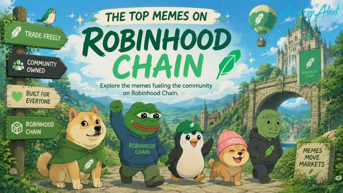 A colorful illustrated banner titled "The Top Memes on Robinhood Chain" features animated mascot characters—a Shiba dog in a green cape, Pepe the Frog in a hoodie, a penguin, a corgi in a pink "HOOD" beanie, and an unusual green egg-headed figure—gathered on a scenic stone path beneath a "Trade Freely / Community Owned / Built for Everyone" signpost, visually representing the diverse meme-based cryptocurrencies that flooded the Robinhood Chain network highlighted in the post.