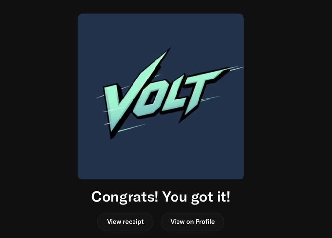A digital screen displaying a stylized teal 'VOLT' logo with the text 'Congrats! You got it!' and buttons for 'View receipt' and 'View on Profile.'