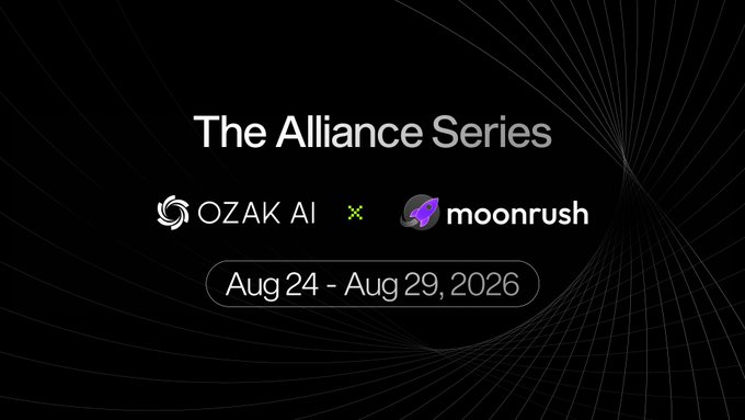 The image is a promotional graphic for "The Alliance Series," a collaboration between OZAK AI and moonrush, scheduled from August 24-29, 2026, with a sleek black background and minimalist white and purple text that matches the post's announcement of their joint 6-day partnership event.