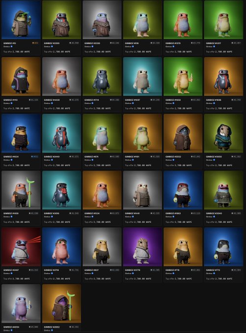 A grid of 25 NFT Gimboz characters, each with unique IDs (#1-#25), names, attributes, and "Top offer 2,750" labels, displayed against colorful gradient backgrounds, illustrating a collection being stacked in anticipation of a crypto bull run.