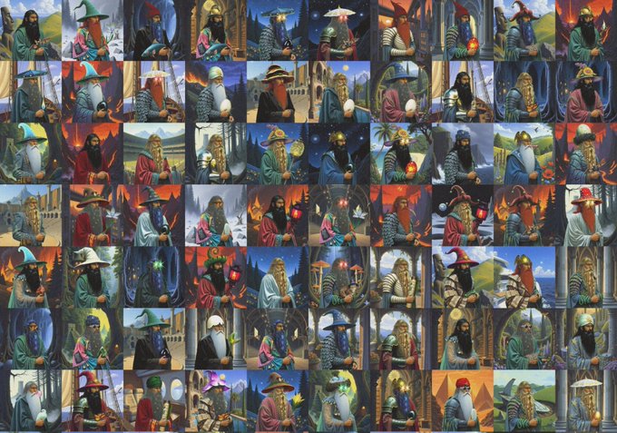 A grid collage of fantasy artwork depicting various wizard and mage characters with different hats, beards, and magical items.