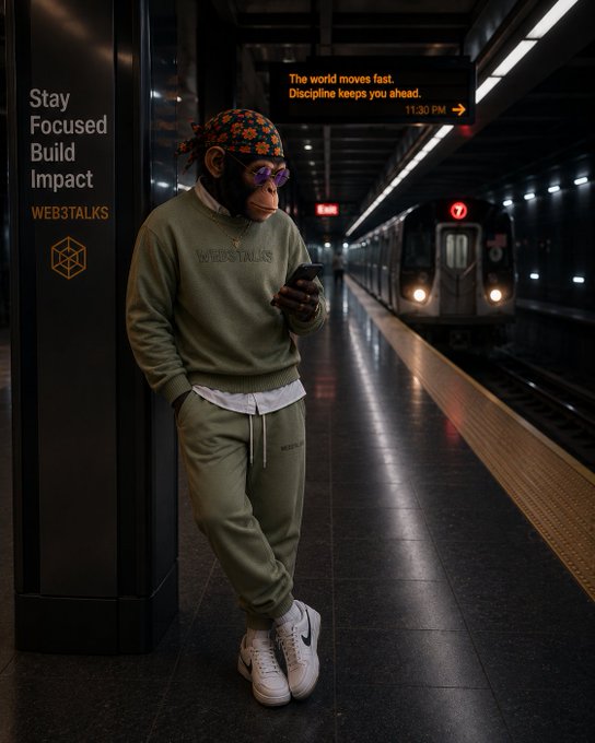 A monkey-masked figure in a "WEB3 TALKS" olive sweatsuit and orange bandana leans against a subway pillar reading their phone at 11:30 PM, with the overhead sign reading "The world moves fast. Discipline keeps you ahead" and a 7 train approaching in the background—visually embodying the "gm Bravehearts" call to stay focused and disciplined in the fast-moving Web3 space.