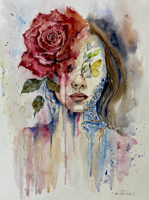 A watercolor portrait of a woman with a large red rose covering her eye and a yellow butterfly perched on her nose, paired with a healing-themed post from "transient.xyz" featuring flower imagery. A signature reading "2023" is visible in the lower right corner.