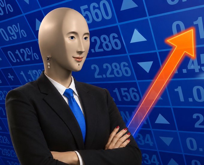 The image features a woman dressed in business attire, standing against a blue background with an orange arrow pointing upwards. The text "This is the only time a STONKS meme ever made sense on #BNB" is also present in the image.