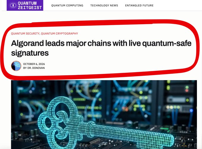 A screenshot from Quantum Zeitgeist (dated October 6, 2026) highlights a Quantum Security article titled "Algorand leads major chains with live quantum-safe signatures," reinforcing the post's claim of Algorand's early leadership in post-quantum cryptography among major L1 blockchains.
