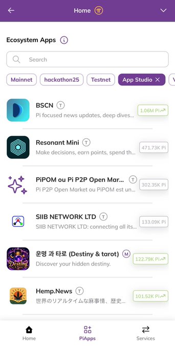 Screenshot of the Pi ecosystem apps page showing BSCN at the top of the "App Studio" filtered list with 1.06M Pi staked, supporting the post's claim about BSCN's new Pi Browser app being the most-staked application in the ecosystem.