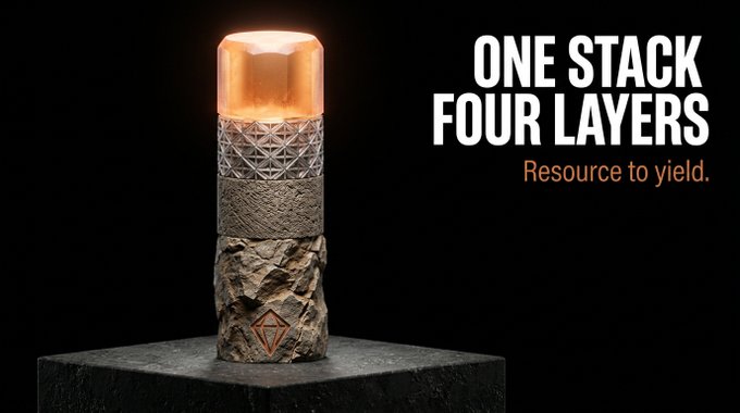 A cylindrical display featuring four distinct textured layers—glowing copper top, geometric metal middle, granular band, and rough stone base with an MPC logo—sits on a black pedestal alongside the text "ONE STACK FOUR LAYERS / Resource to yield." The image visually reinforces the post's message of MPC's end-to-end stack, with each material layer symbolizing one of the four stages from raw resource to on-chain yield.