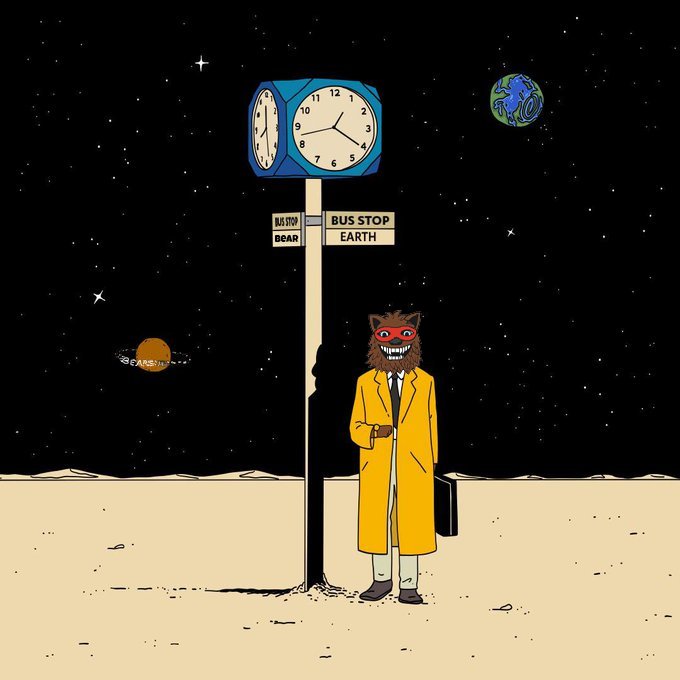 An illustration of a werewolf character wearing a yellow trench coat and holding a briefcase waits at a bus stop sign marked "MOON BEAR" and "EARTH," set against a cosmic backdrop featuring Earth and other planets in the night sky.