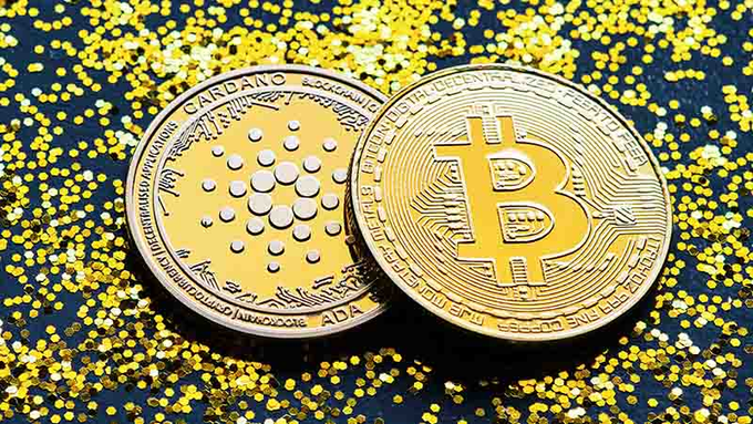 Two gold-colored cryptocurrency coins, a Cardano (ADA) and a Bitcoin (BTC), displayed side by side on a dark surface scattered with gold glitter.
