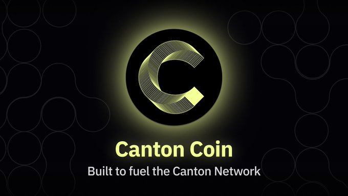 A promotional graphic for 'Canton Coin' featuring a glowing green 'C' logo on a dark background with the tagline 'Built to fuel the Canton Network'.