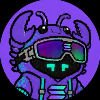 Stylized cartoon illustration of a purple robotic lobster/cyberpunk character wearing green visor goggles on a purple circular background.