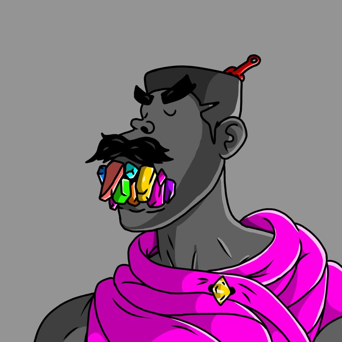 A digital illustration of a stylized dark-skinned character with a red spike protruding from his head, wearing a magenta hooded cloak, featuring a mustache and teeth made of colorful gemstones.