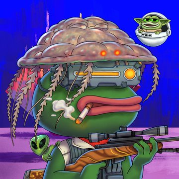 A cartoon image of a green frog character wearing a military helmet, smoking a cigarette, and holding a rifle, with a small baby yoda-like figure in the background.
