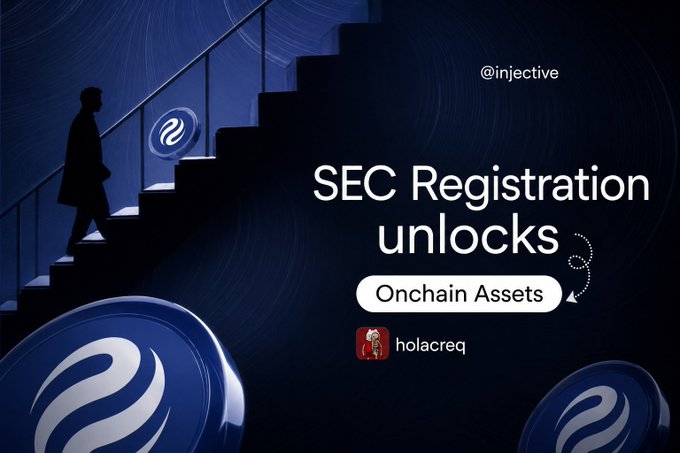 The image features a silhouette of a person ascending stairs toward the Injective logo, with the text "SEC Registration unlocks Onchain Assets" and credits to @injective and holacreq, illustrating Injective's progress in filing for SEC transfer agent registration to legally manage securities ownership on-chain.