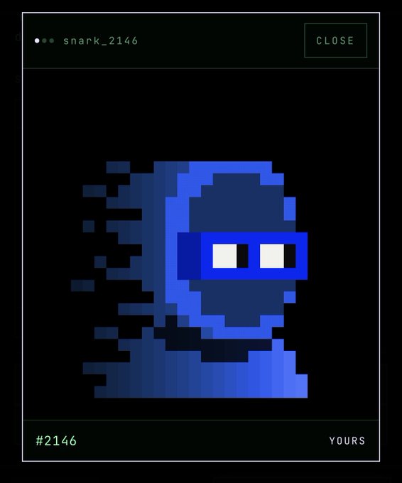 A digital pixel art character in blue with sunglasses labeled 'snark_2146', '#2146', and 'YOURS' on a black background.