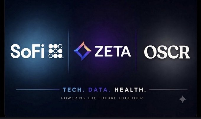A promotional banner displaying three company logos - SoFi, ZETA, and OSCR - with the tagline 'TECH. DATA. HEALTH. POWERING THE FUTURE TOGETHER'.