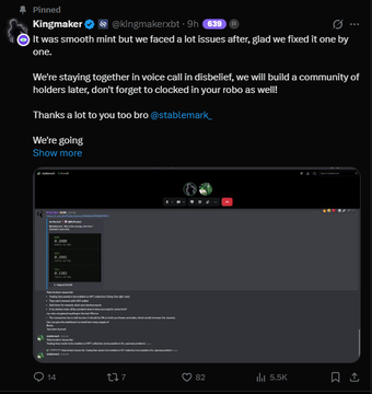 A pinned tweet by Kingmaker (@kingmakerXBT) discussing issues during a smooth mint event and thanking 'stabblemark' for fixing them.