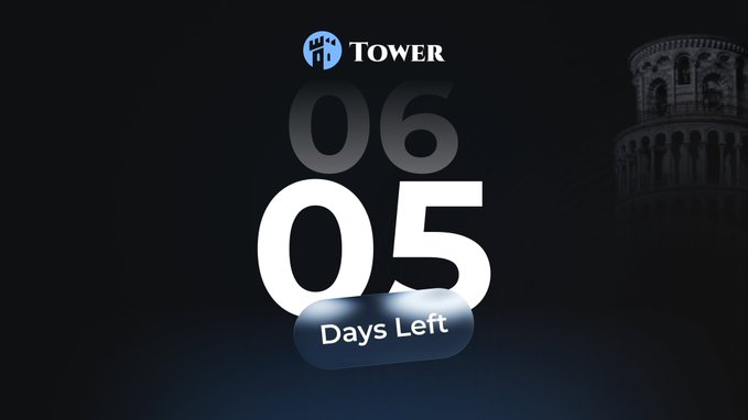 A digital countdown display shows 'Tower 05 Days Left' with the Leaning Tower of Pisa faintly visible in the dark background.
