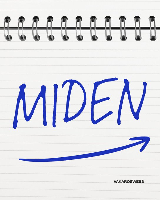 The word 'MIDEN' handwritten in blue marker with an arrow pointing up and to the right on a spiral notebook page, with the watermark 'VAKAROSWEB3'.